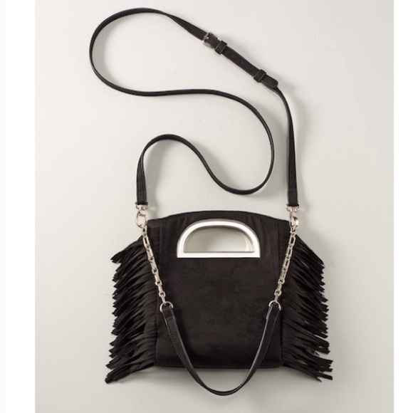 WHBM BLACK FRINGED FAUX SUEDE BAG